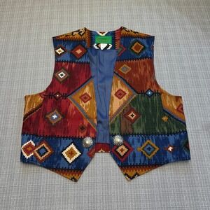 Vintage Southwestern Tapestry Vest Large Western Ranchwear Aztec Concho USA